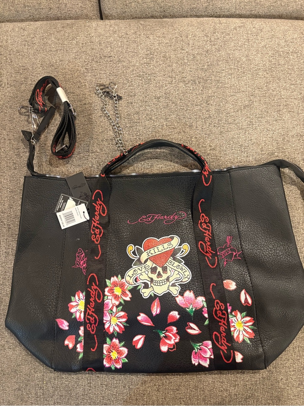 Ed Hardy Black Floral Skull Tote with Pink Accents